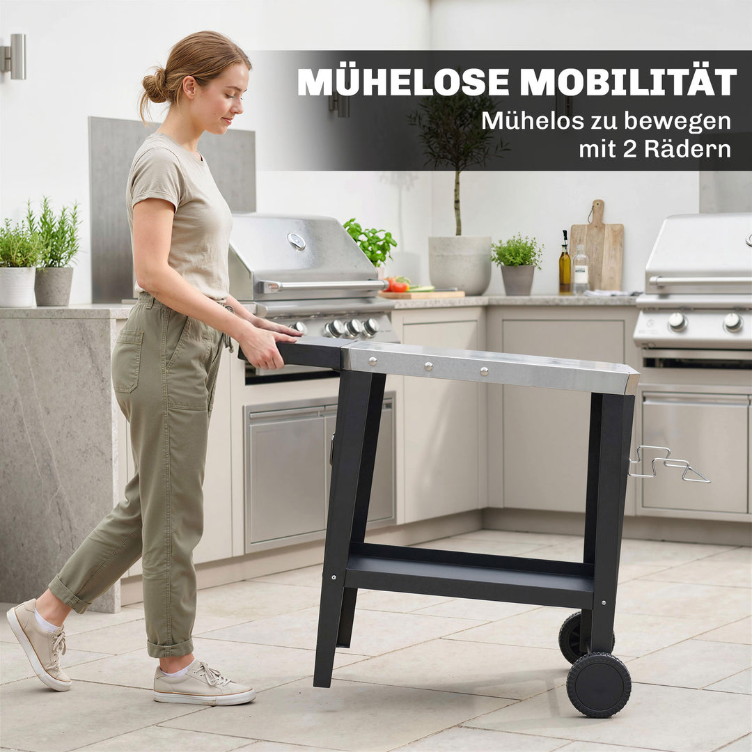 Køkkenvogn med hjul, serveringsvogn med kroge, papirrulleholder, affaldsposestativ, rustfrit stål, 115 x 67,5 x 80,5 cm, sort