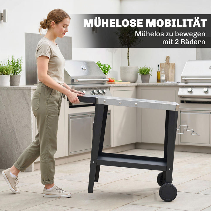 Køkkenvogn med hjul, serveringsvogn med kroge, papirrulleholder, affaldsposestativ, rustfrit stål, 115 x 67,5 x 80,5 cm, sort