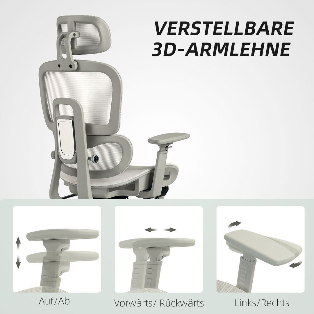 Kontorstol, ergonomisk skrivebordsstol med betræk af netstof, justerbar, hjul, med armlæn og nakkestøtte, beige