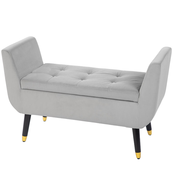 Opbevaringsbænk med armlæn, kommodebænk, fløjlspolyester, gummitræ, lysegrå, 107 x 42 x 65 cm