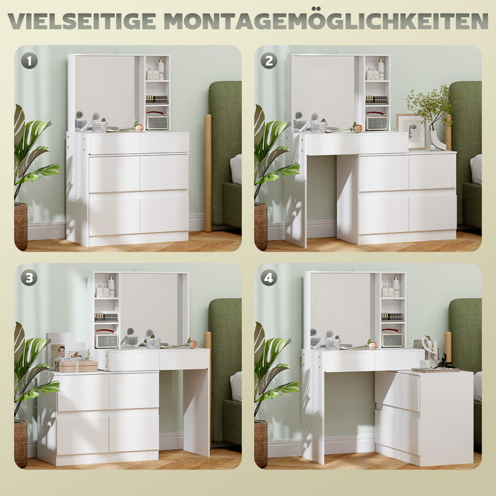 Sminkebord, makeupbord med stort spejl, 4 skuffer, 3 åbne rum, 2 skabe, mdf, hvid