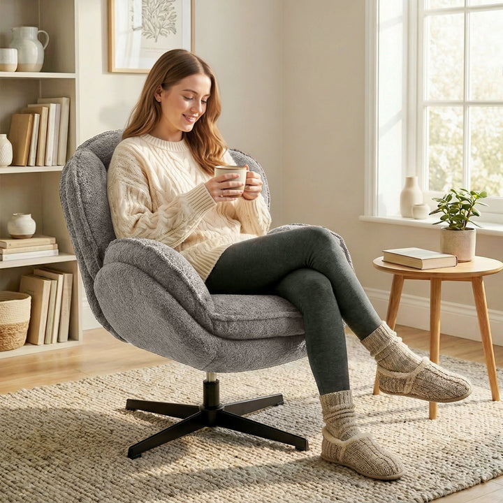 Moderne lænestol med vingerygge, fløjlslænestol med firkrydsede fodstykker, S-fjedre, 360° drejefunktion, grå