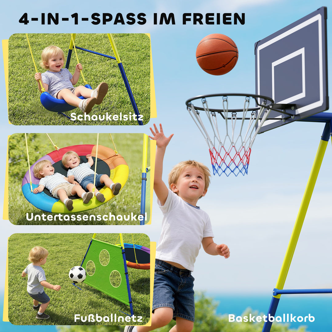4-i-1 gyngesæt op til 150 kg med redegynge, basketballkurv, fodboldmål, U-gynge, 288 x 160 x 220 cm
