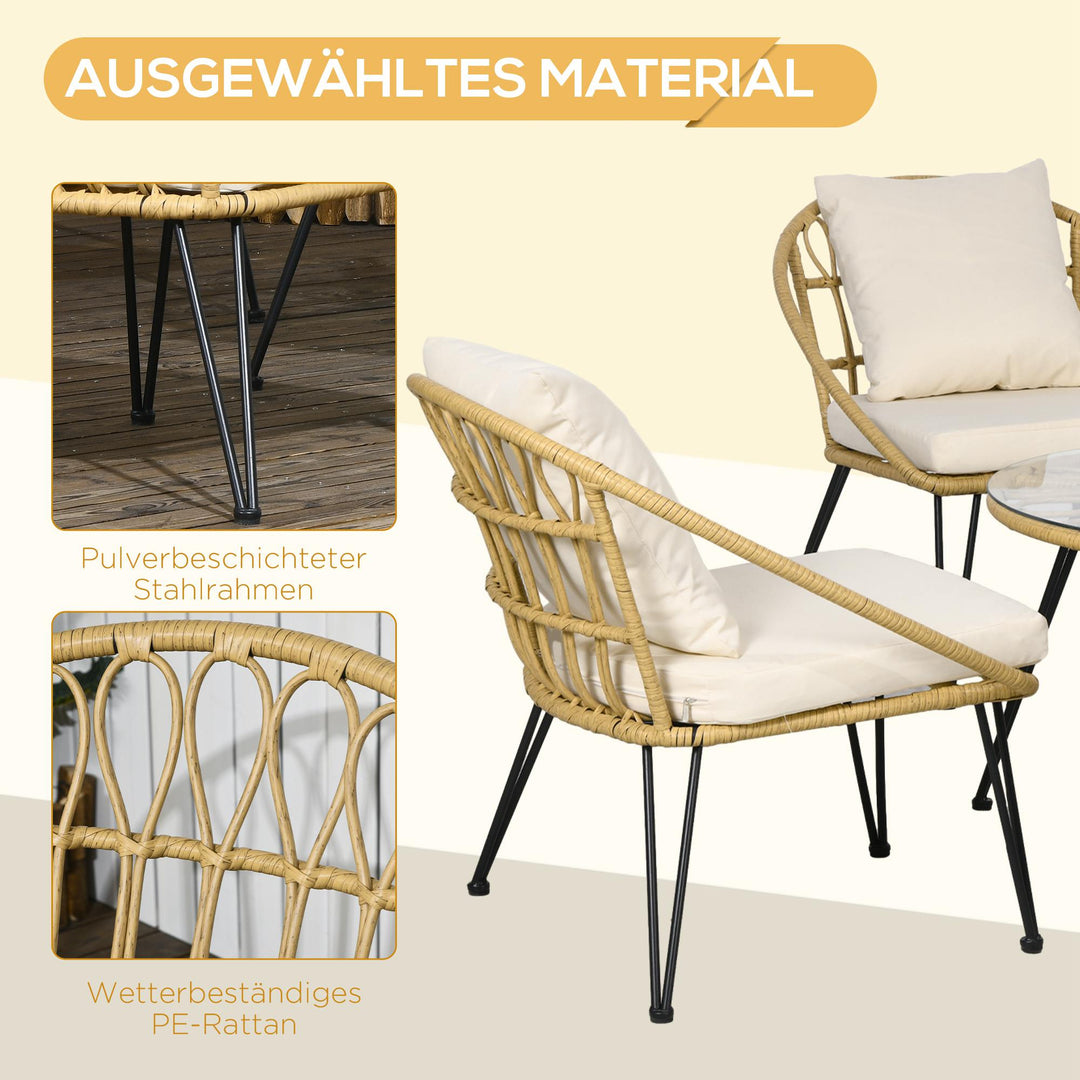 Havemøbelsæt med 5 dele, bohemestil, 1 spisebord og 4 stole, hynder, polyrattan, beige/natur