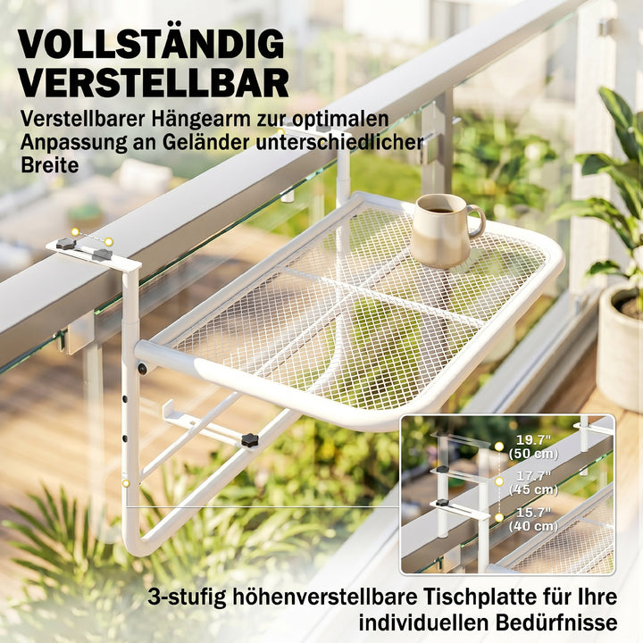 Balkonhængebord, 3-vejs højdejusterbart, metalhængebord, vejrbestandigt, balkonsidebord til balkonrækværk og terrasserækværk, 60 x 56 cm, hvid