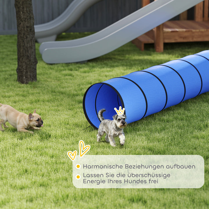 Agilitytunnel til hunde 300 x 50 cm. Hundetunnel med 4 jordankre. Bæretaske. Legetunnel til små og mellemstore hunde. Blå.