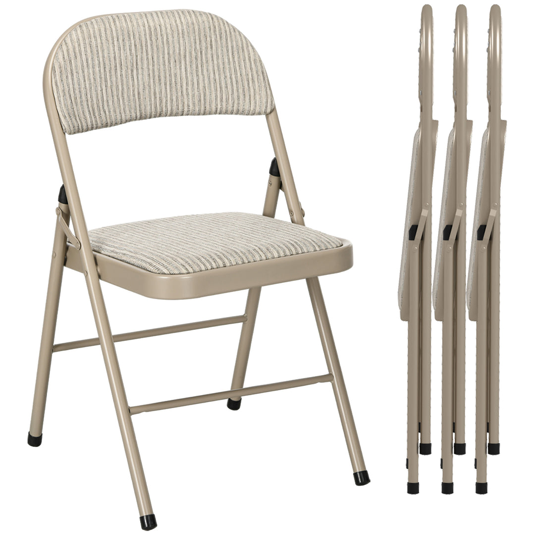 Sæt med 4 klapstole, bærbare kontorstole, stålben, klapstol til kontor, reception, venteværelse, beige linnedlook