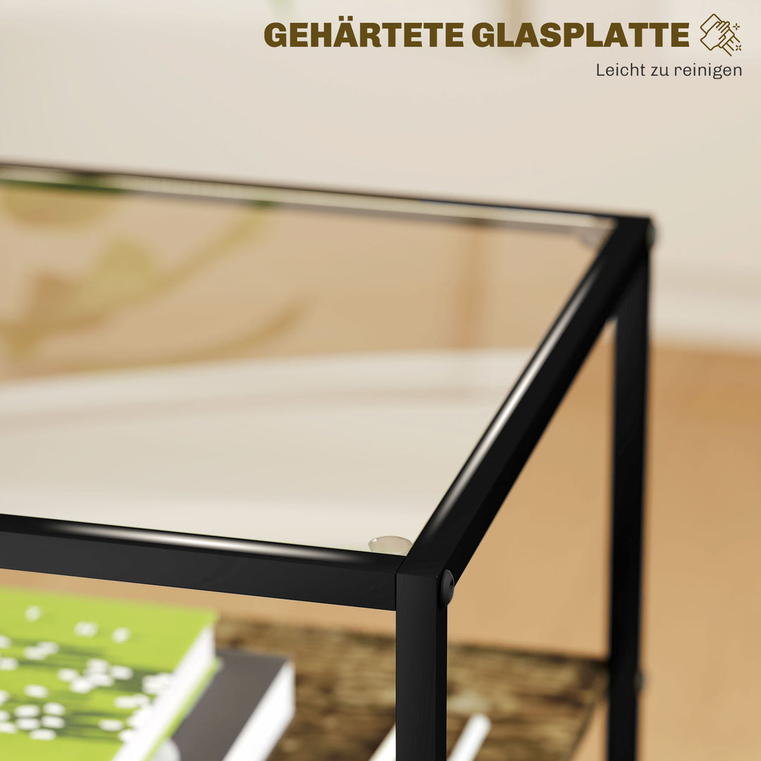 Sæt med 2 sideborde med glasplade, 3-lags design, metalstel, til stue, soveværelse, brun
