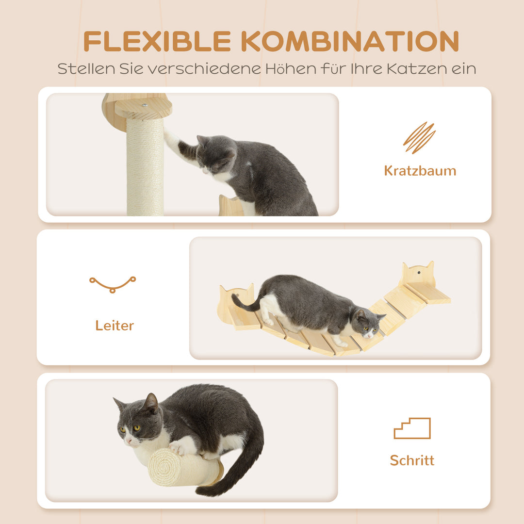 3-Delt klatresæt til katte, vægmonteret kradsetræ med kradsetræ, trin, stige, naturtræ