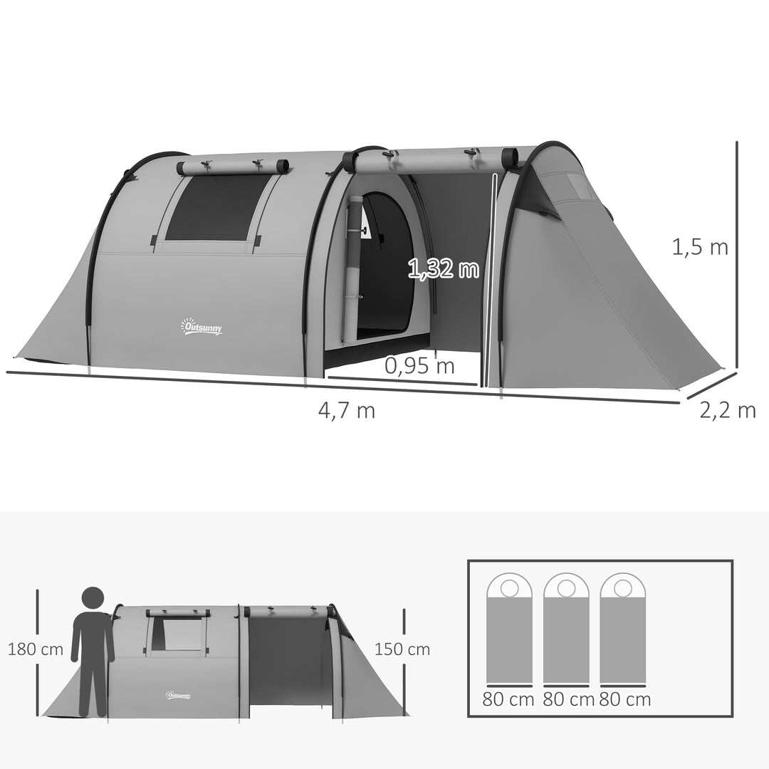 Campingtelt til 3-4 personer, stabilt, vandtæt, familietelt med soveværelse/stue, 3000 mm vandsøjle, grå