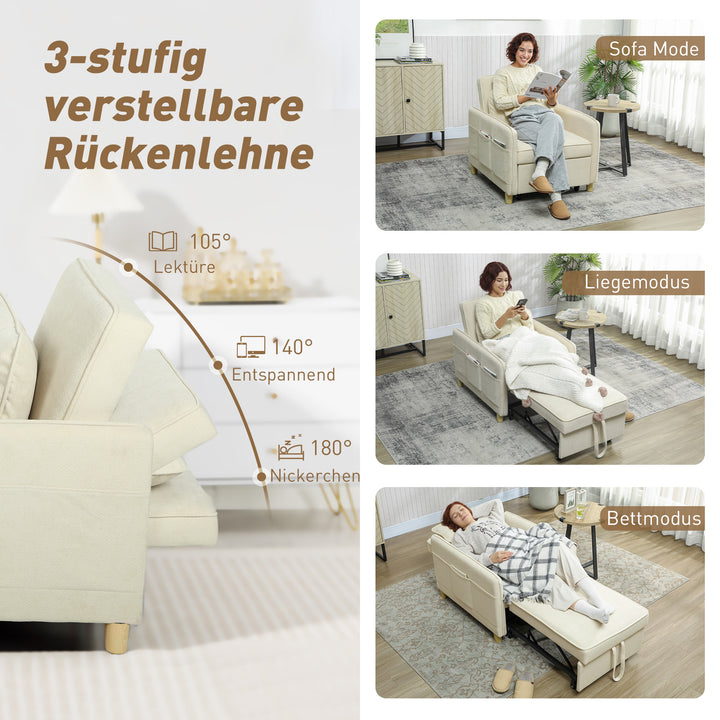3-i-1 sovesofa: Konvertibel lænestol med sengefunktion, bredt sæde til stuen, beige