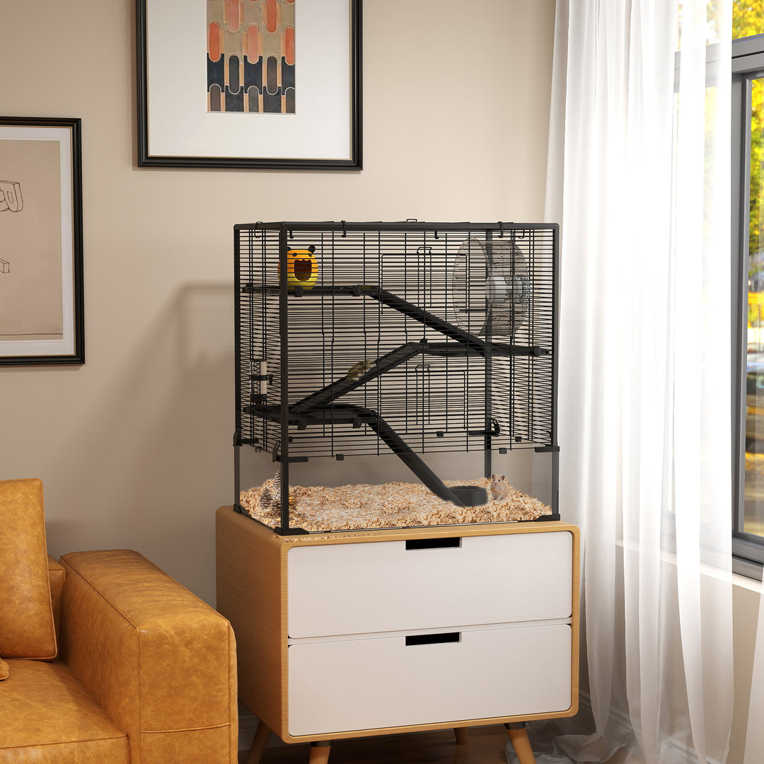 Hamsterbur med glasbund, 4-etagers hamsterbur med bur og tilbehør, 78,5l x 48,5b x 80h cm, sort