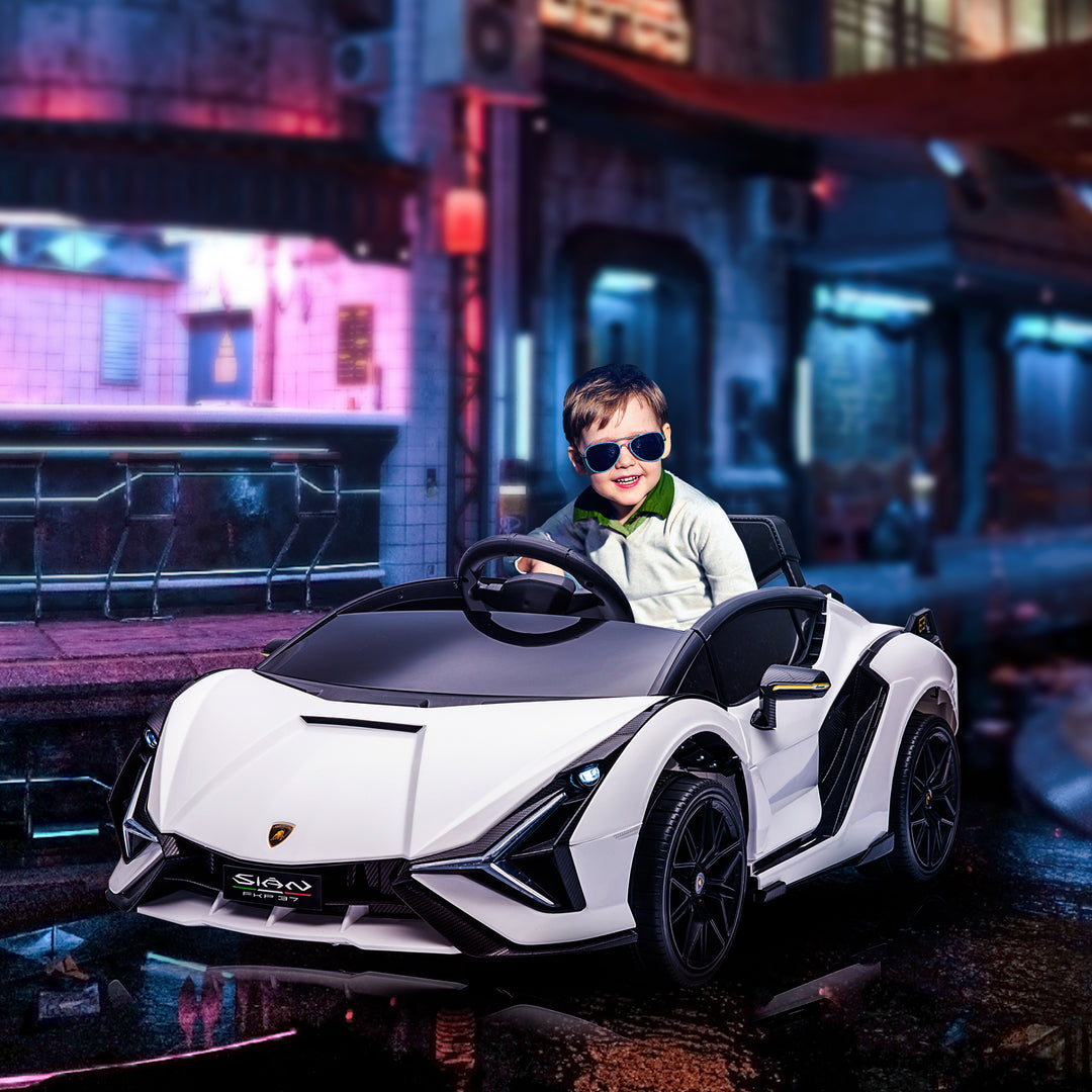 Børnebil 12V 2 køretilstande Lamborghini SIAN SUV legetøjsbil elbil med fjernbetjening musik (MP3/USB) lys 37-60 måneder metalhvid 108 x 62 x 40 cm