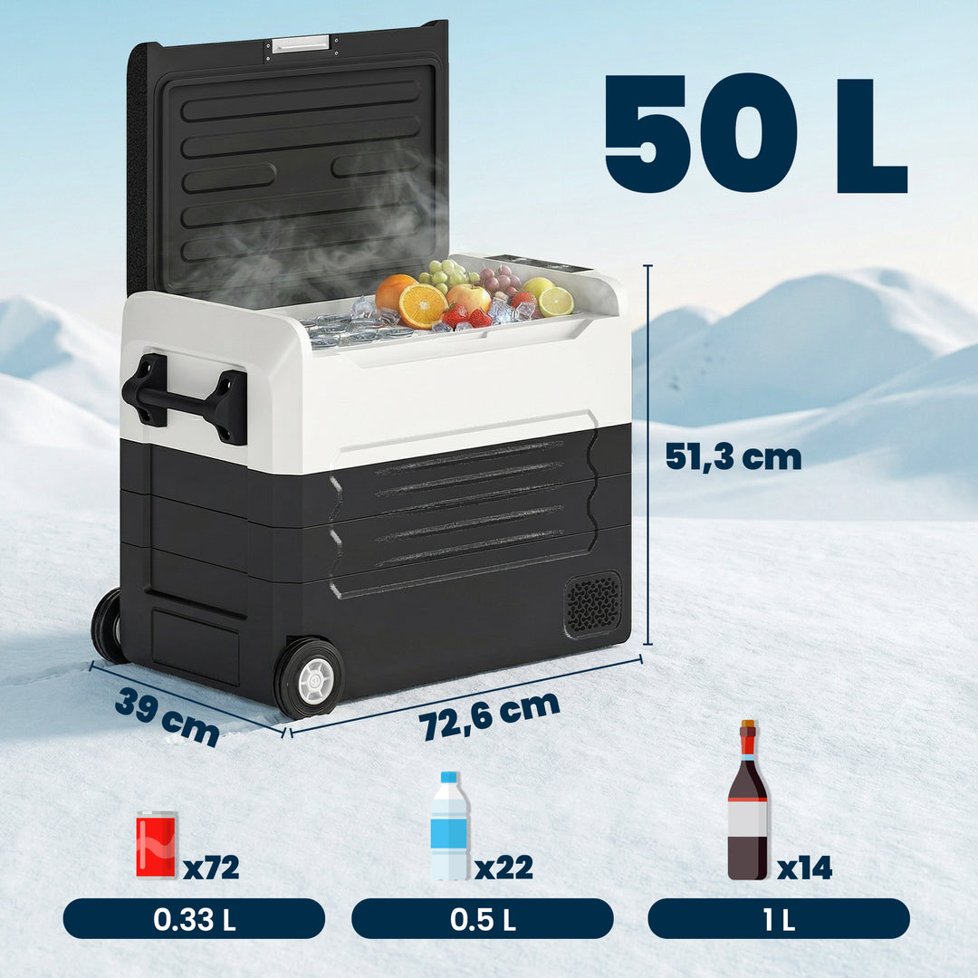 Kompressorkøler 50L -20℃-20℃ elektrisk køletaske med dobbeltzone temperaturkontrol APP LED batteribeskyttelse foldehåndtag