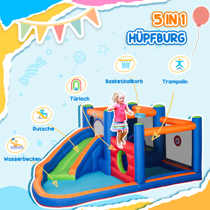 Oppusteligt hoppeborg med rutsjebane, hoppeområde, pool, inklusive elektrisk pumpe, til op til 3 børn, 380 x 340 x 170 cm