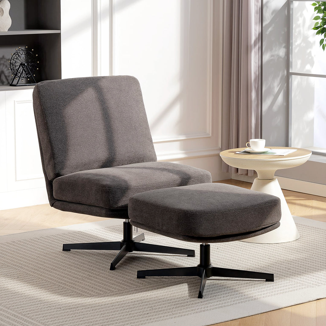 Lænestol med fodskammel, drejelig loungestol med linnedlook til stue, mørkegrå