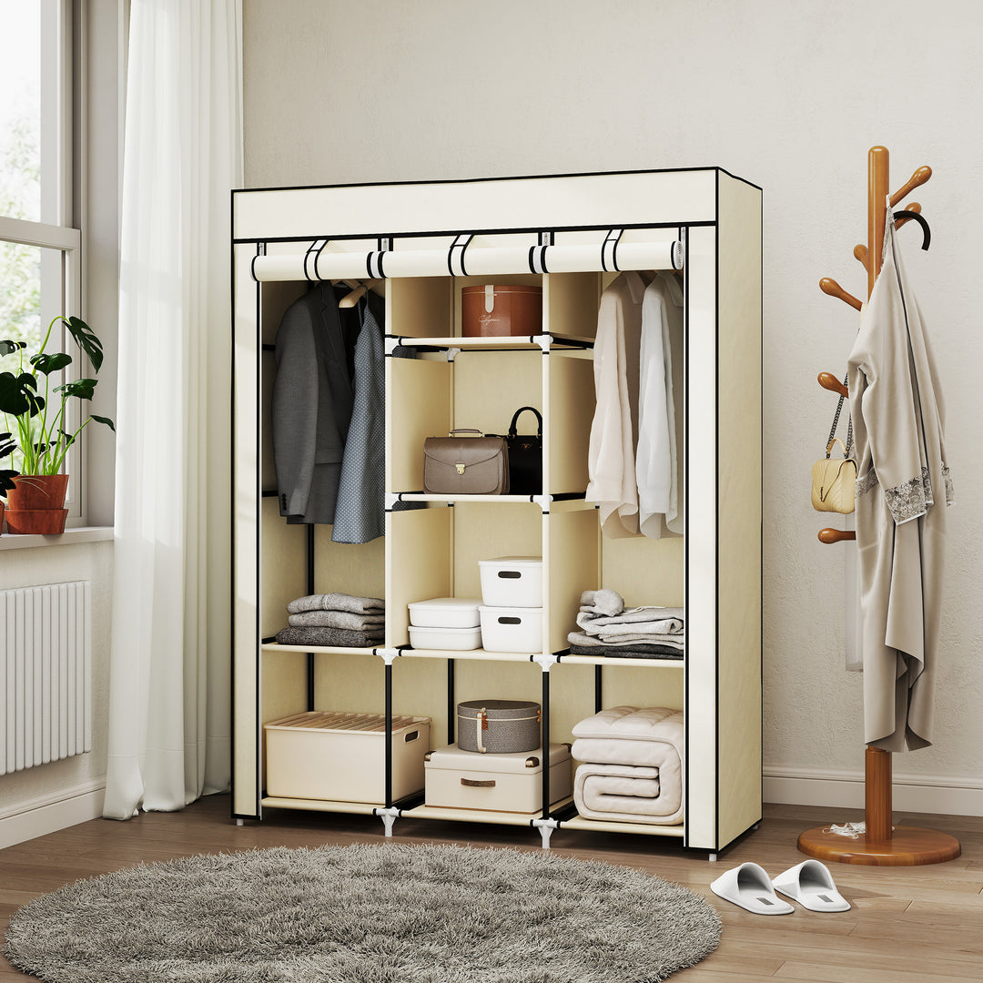 Stofgarderobe, opbevaringsløsning, 8 hylder, 2 tøjstativer, cremehvid