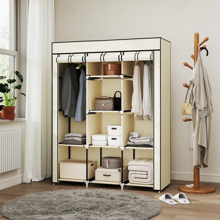 Stofgarderobe, opbevaringsløsning, 8 hylder, 2 tøjstativer, cremehvid