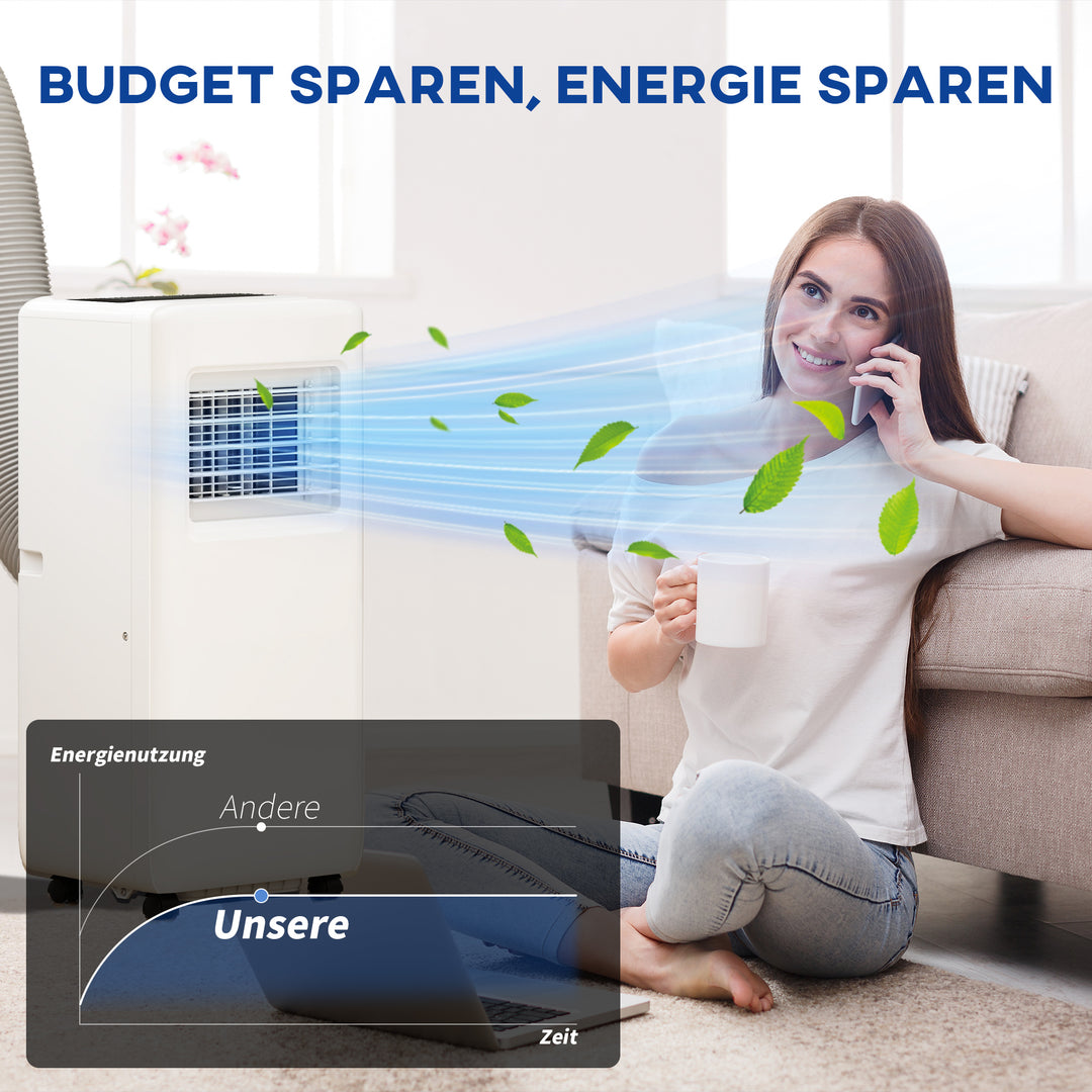 Bærbart klimaanlæg, forskellige indstillinger, LED-display, timer, hjul, hvid