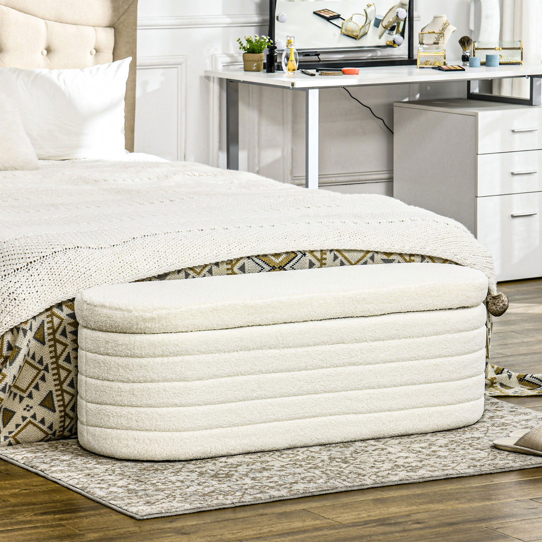 Sengebænk, opbevaringsplads, teddy fleece, 116x41x40,5cm, cremehvid