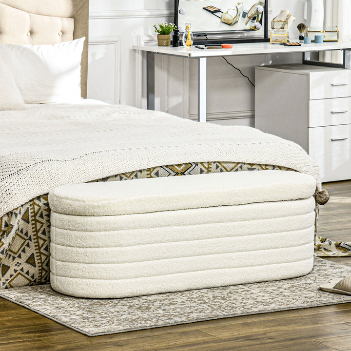 Sengebænk, opbevaringsplads, teddy fleece, 116x41x40,5cm, cremehvid