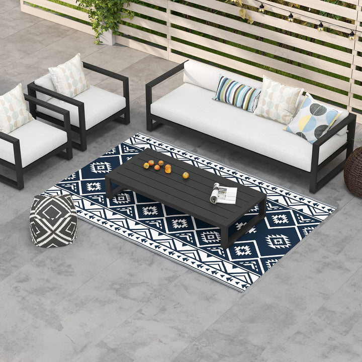 Udendørs tæppe terrassetæppe vejrbestandigt moderne design 182 cm x 274 cm x 0,3 cm sort + hvid