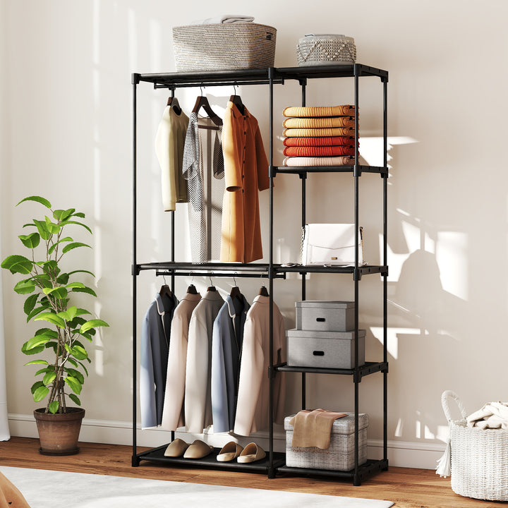 Stofgarderobe med bøjlestang og hylder, til soveværelse eller påklædningsværelse, 111 x 43 x 185 cm, sort