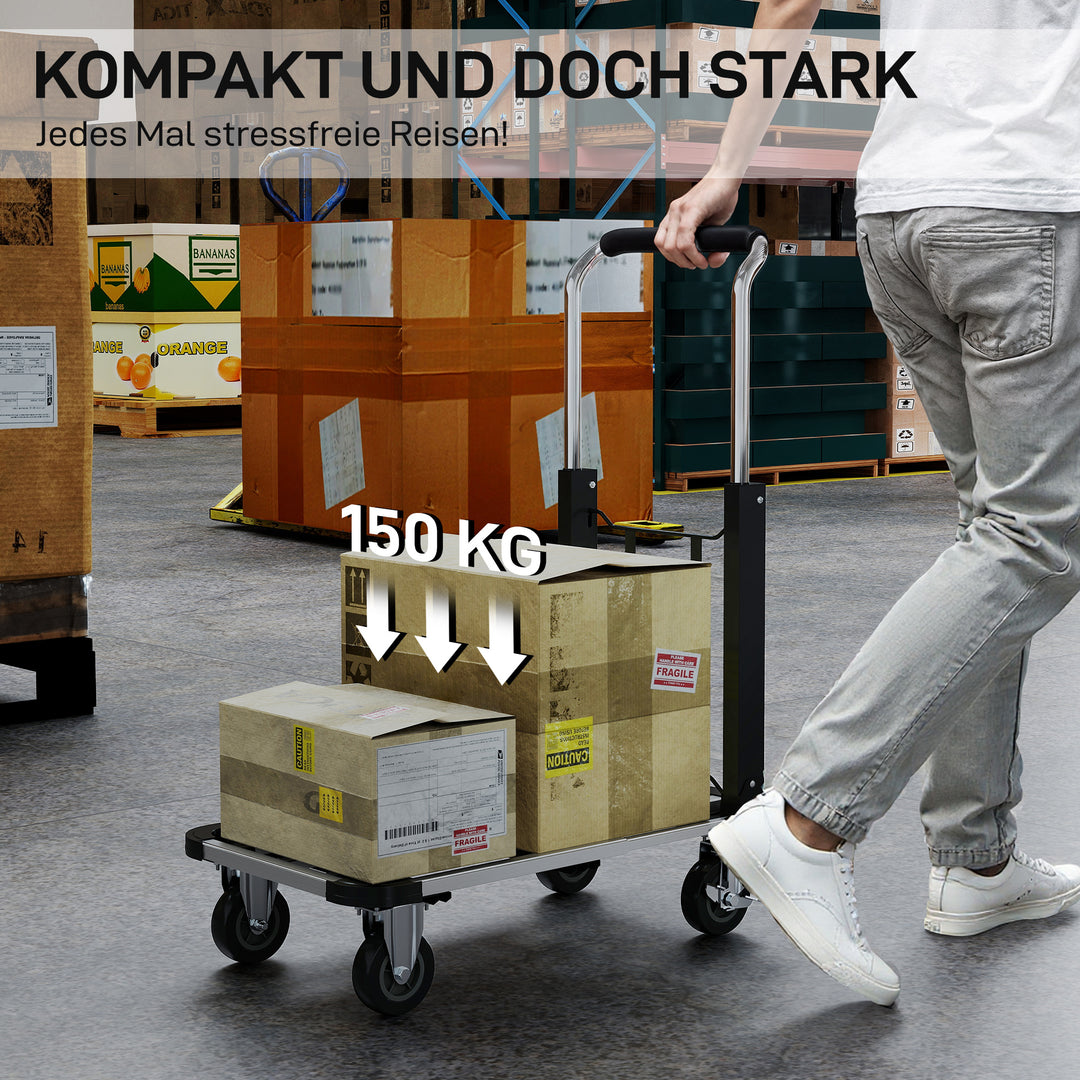Sammenklappelig sækkevogn, 150 kg lasteevne, udvidelig platform, højdejusterbart håndtag, til kasser, metal, sort