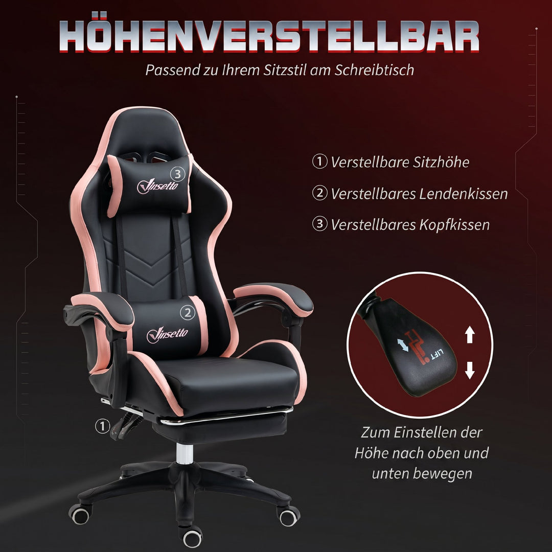 Kontorstol, gamingstol, 1 nakkestøtte, 1 lændestøtte, pink + sort