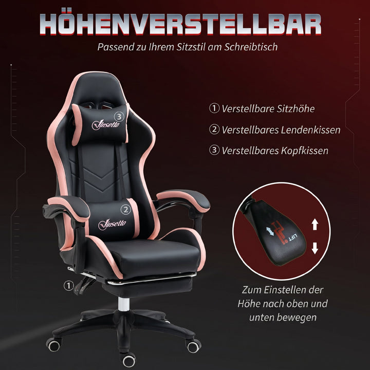 Kontorstol, gamingstol, 1 nakkestøtte, 1 lændestøtte, pink + sort
