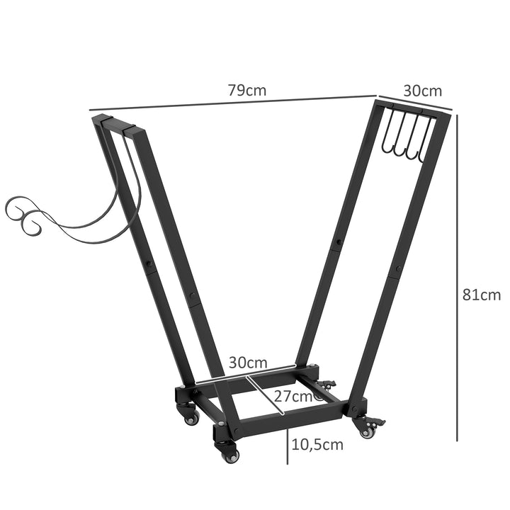 Brændereol, trapezformet design, pulverlakeret metal, mobil med hjul, 79 x 30 x 81 cm, sort