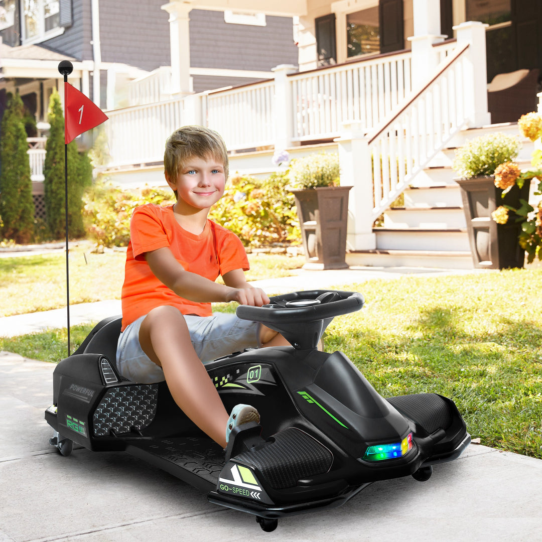Elektrisk gokart til børn, gummihjul, 3-8 km/t, med lys og musikfunktion, sort