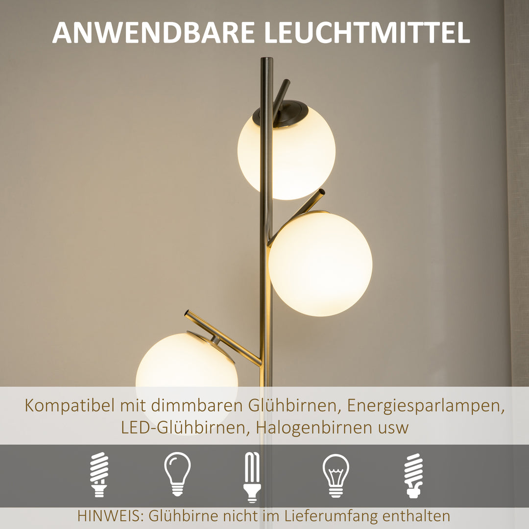 Gulvlampe med 3 glasskærme, e 27, fodkontakt, sølv + hvid