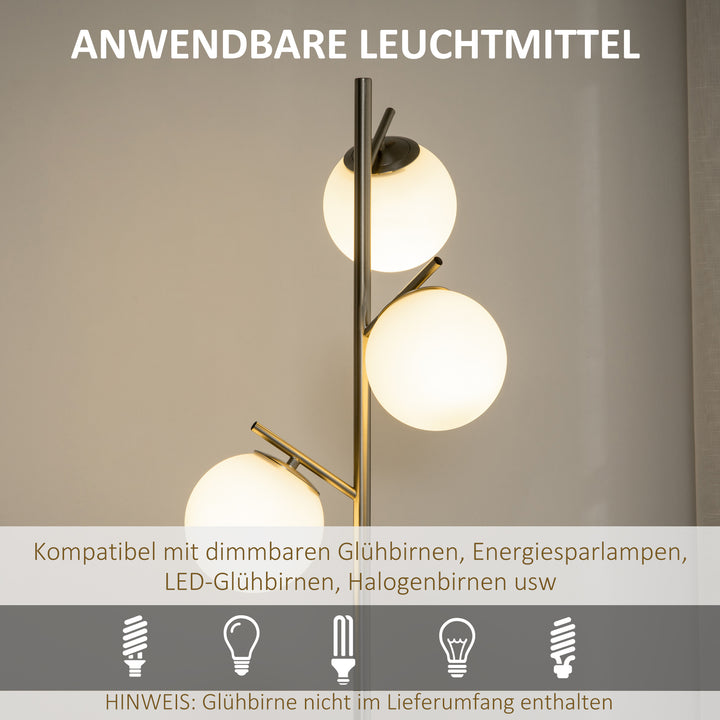 Gulvlampe med 3 glasskærme, e 27, fodkontakt, sølv + hvid