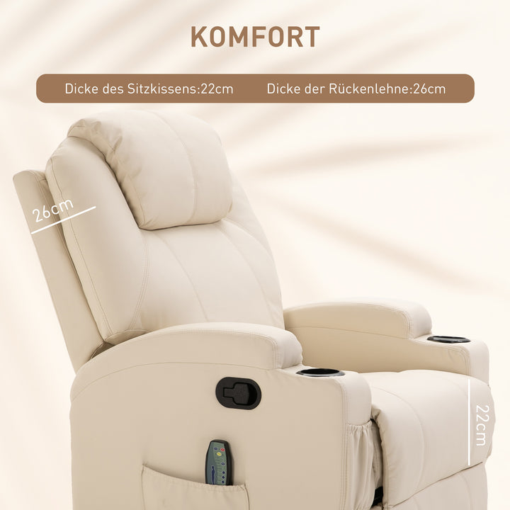 Massagestol elektrisk afslappende stool tv-stol massagefunktion 5 massagetilstande lænefunktion kunstlæder træ metal skum cremehvid 84 x 92 x 109 cm