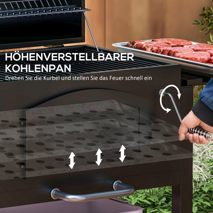 Kulgrill-røgovn, justerbart kulrum, sidehylder, 124 x 66 x 112 cm, sort