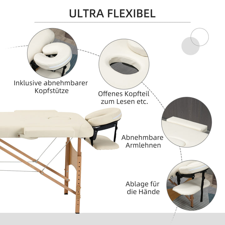 Massagebriks, foldbar massagesofa, højdejusterbar massagebænk til spa, salon, kunstlæder, træ, cremehvid