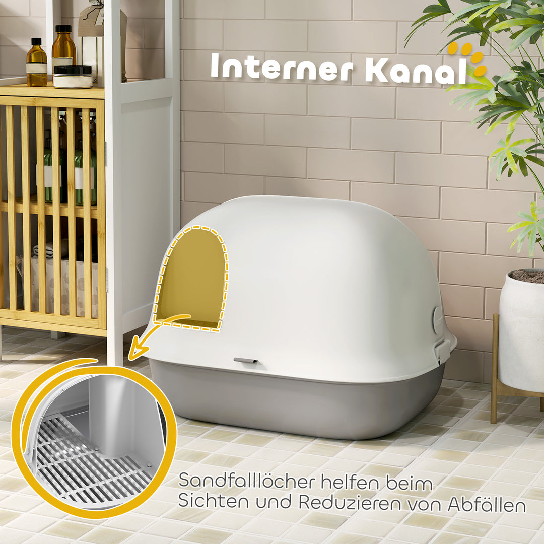 Kattebakke med låg, kattebakke med indvendig kanal, dør, skovl, nem at rengøre, plastik, lysegrå