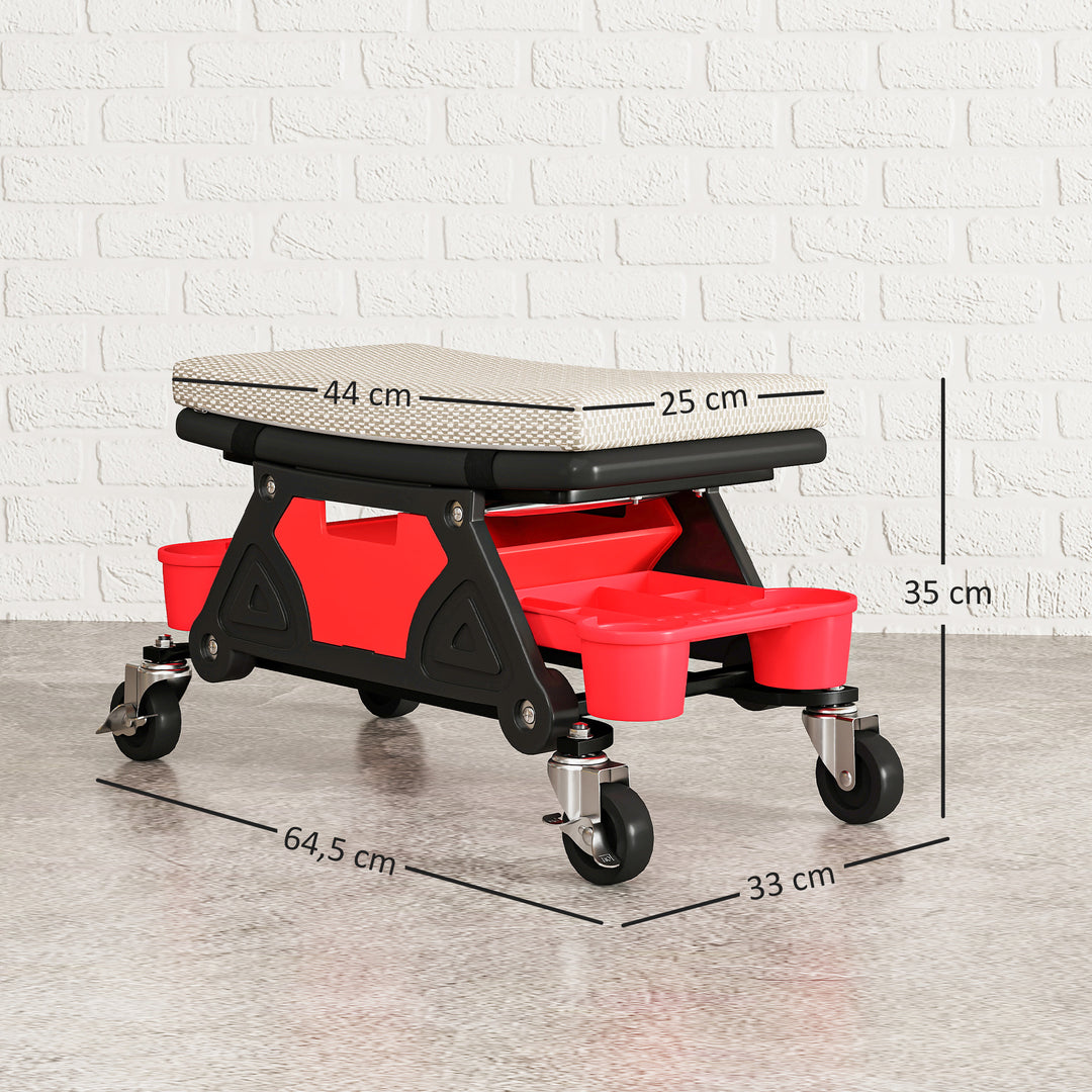 Værkstedsskammel med hjul, 35 cm høj rulleskammel, belastningskapacitet op til 135 kg, grå