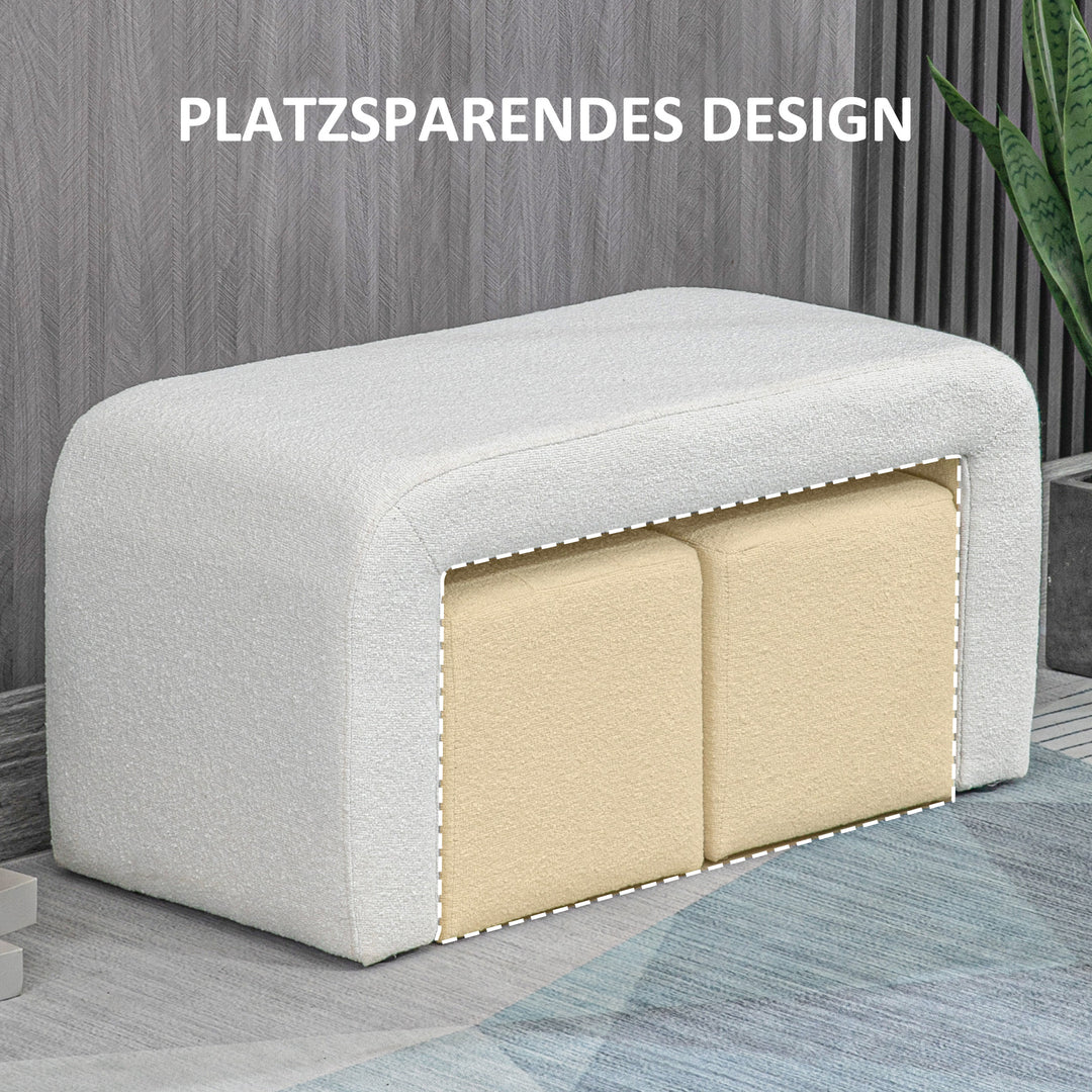 Fodskammelsæt 3-delt fodskammel med knapsøm, 89 cm x 42,5 cm x 45 cm, cremefarvet