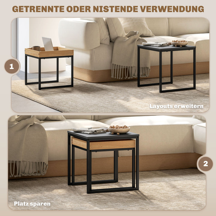Moderne sofabord, sæt med 2 sofaborde, til små rum, firkantet, mdf, metal, sort