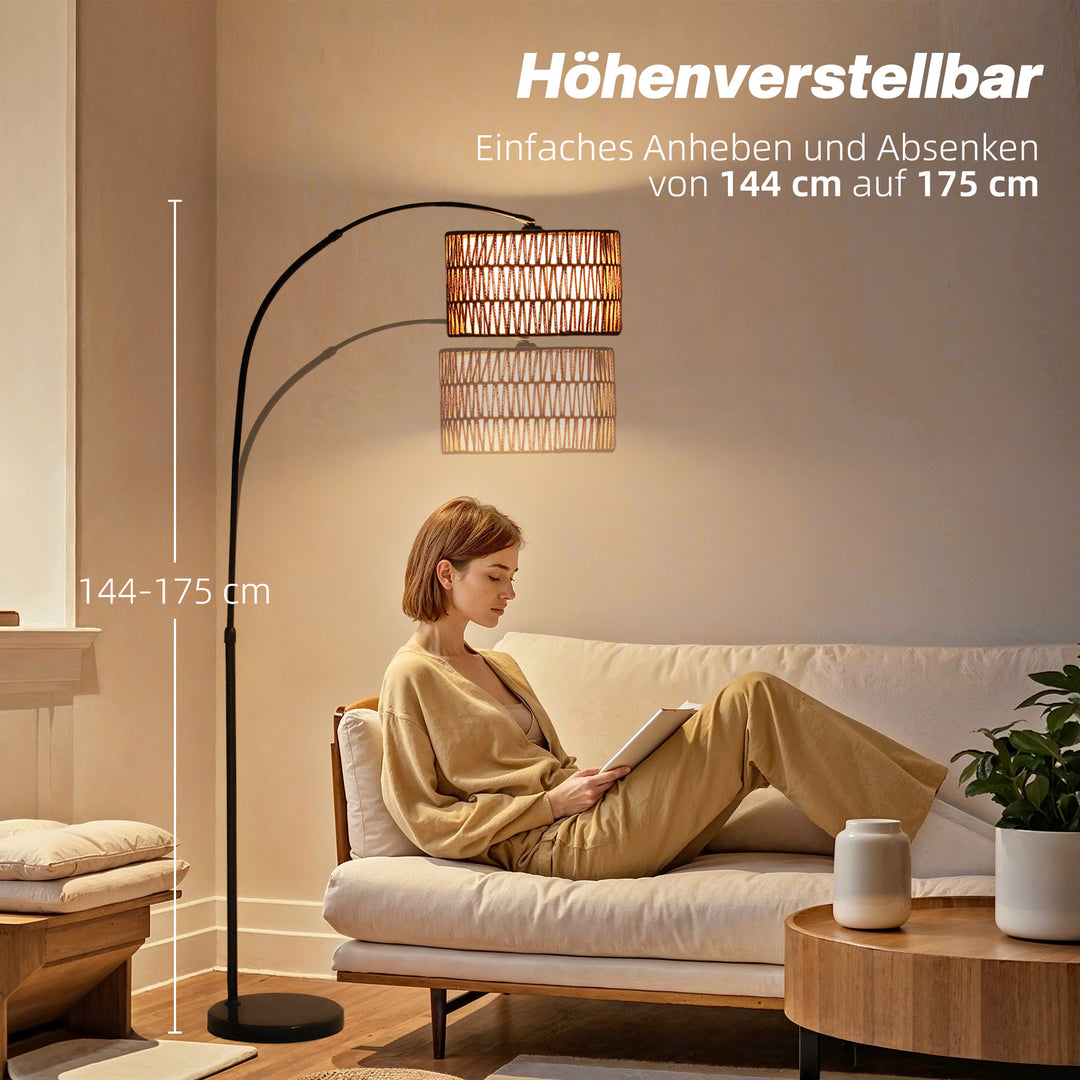 Gulvlampe med hamprebskærm, højdejusterbar, fodkontakt, metal, sort