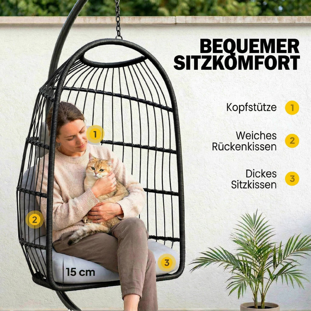 Hængestol med stel, foldbar hængekurv i polyrattan med hynde, sikkerhedssele, nakkestøtte, justerbare stropper
