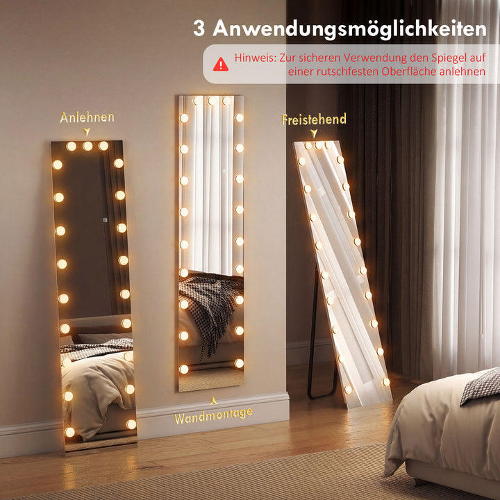 Helfigursspejl 150x40 cm RGB-LED stående spejl med 21 pærer, 7 lysfarver, touch-afbryder, hukommelsesfunktion