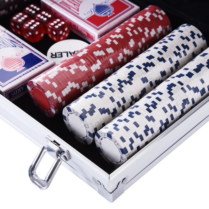 Pokerkasse låsbart pokersæt med etui 300 chips 5 terninger 2 kortspil tilbehør, pokerchips komplet sæt pokerspil kortspil aluminium etui til texas hold'em, blackjack