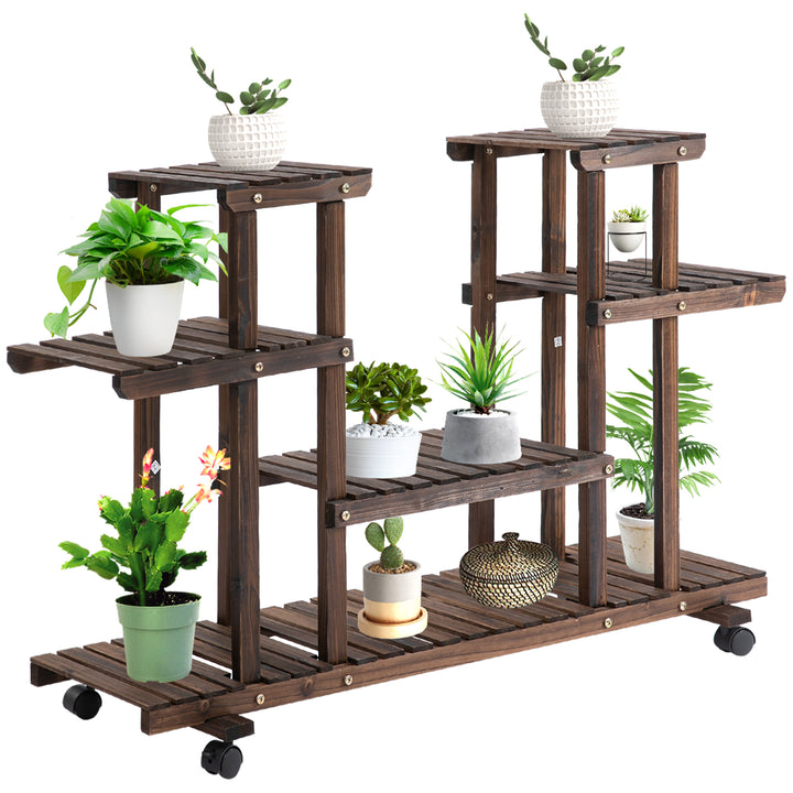 Blomstertrappe 6 hylder 4 hjul 123,5 cm × 33 cm × 80 cm massivt træ brunt 123,5 cm × 33 cm × 80 cm
