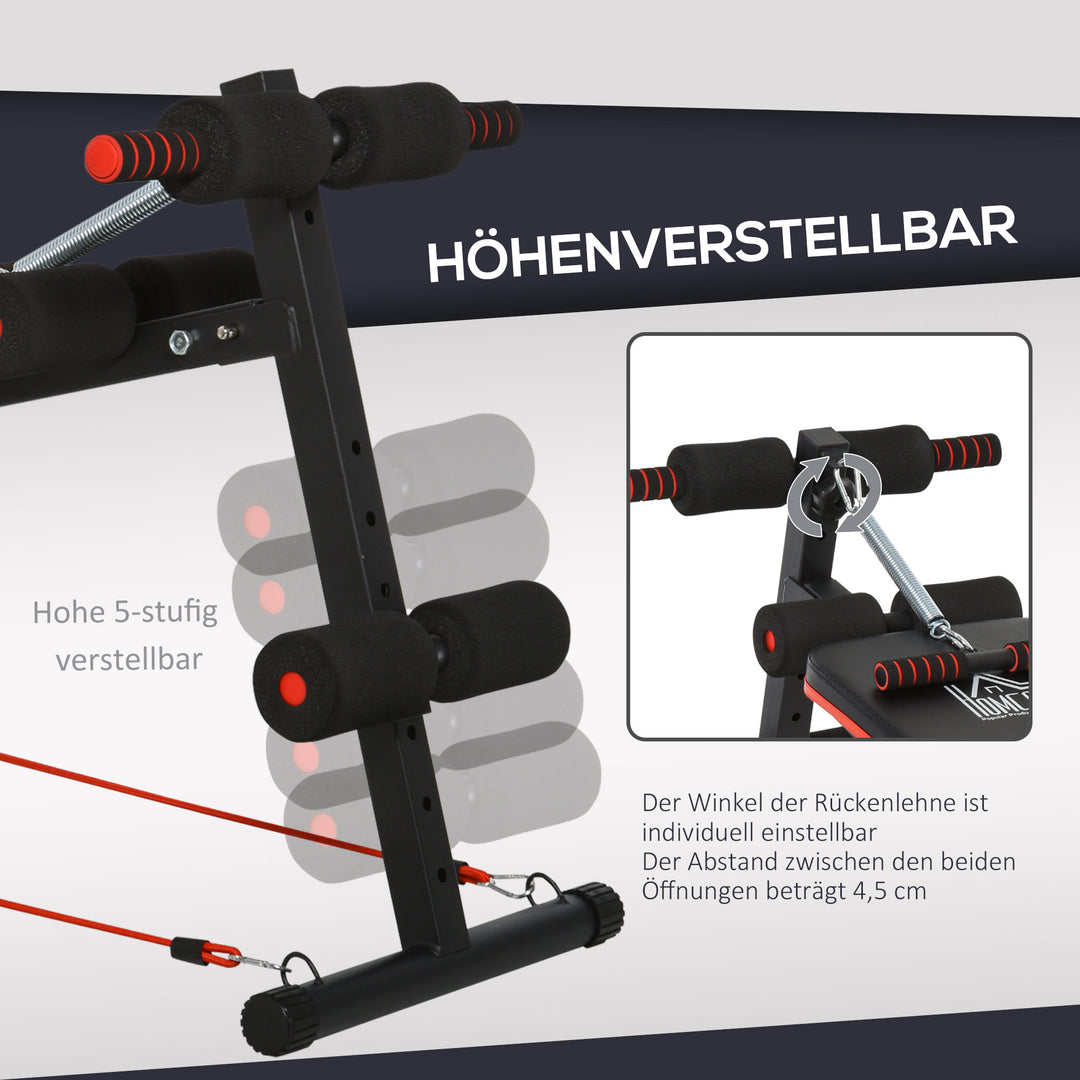 Sit-up bænk, mavetræner med træningsreb, multifunktionel træningsbænk, justerbar og foldbar, 110 kg lasteevne, stål, sort og rød, 137 x 51 x 50-66 cm