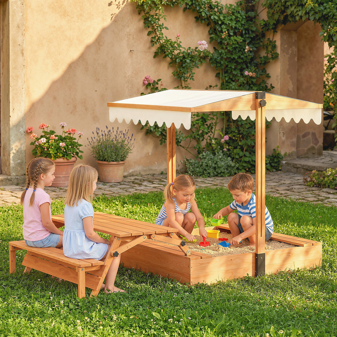 Træsandkasse med tag, sammenklappeligt picnicbord og bænke, til børn i alderen 3-8 år, 184 x 110 x 120 cm, brun