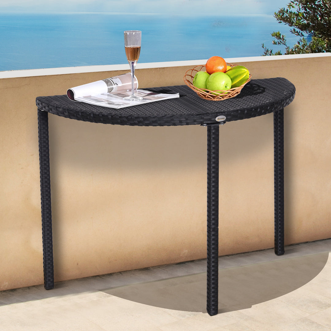 Balkonbord, havesidebord, havemøbler, halvrundt, polyrattan, metal, sort, 100 x 50 x 74 cm