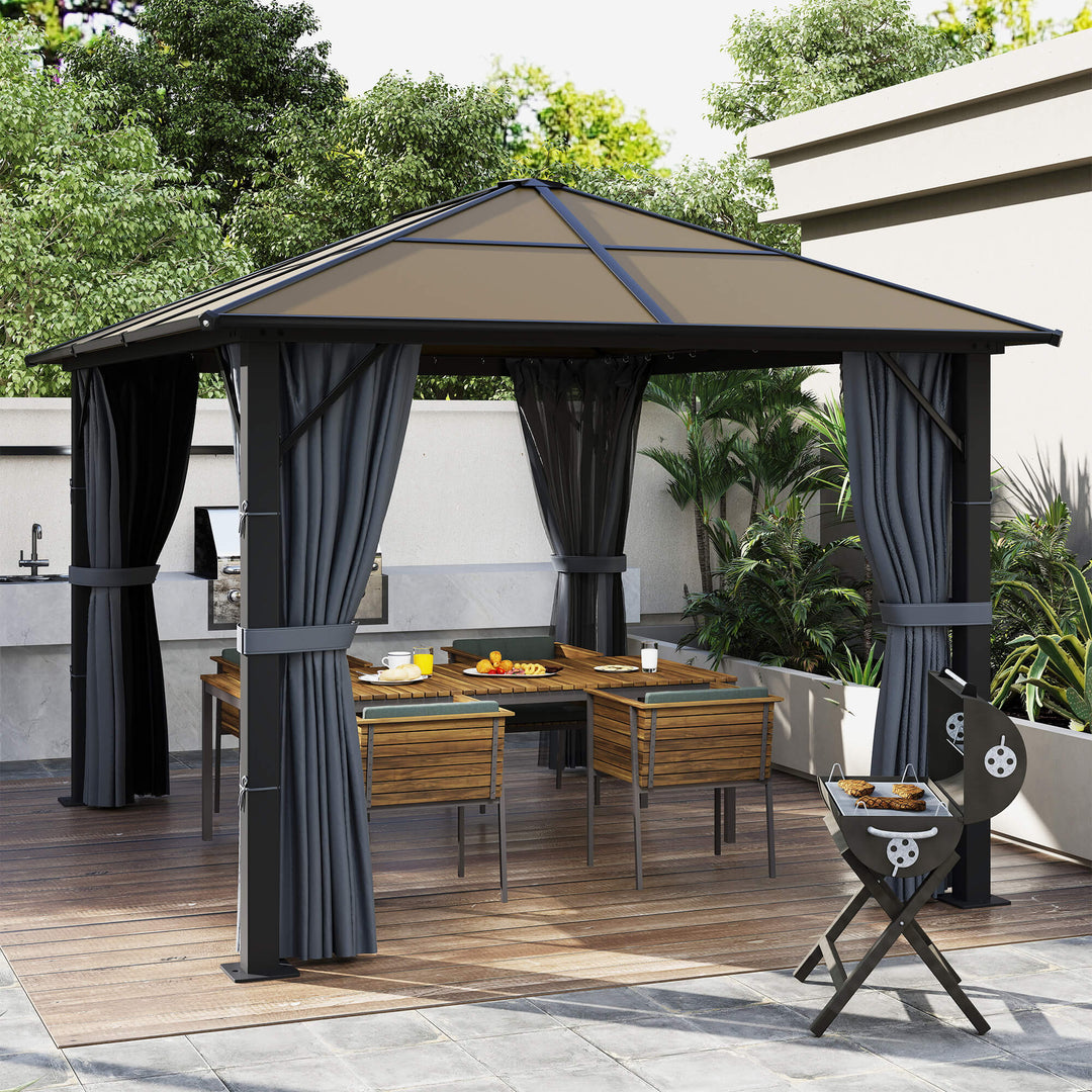 Solrigt lysthus med polycarbonattag, gardiner med fluenet, aluminiumsramme, mørkegrå, 3 x 3 m